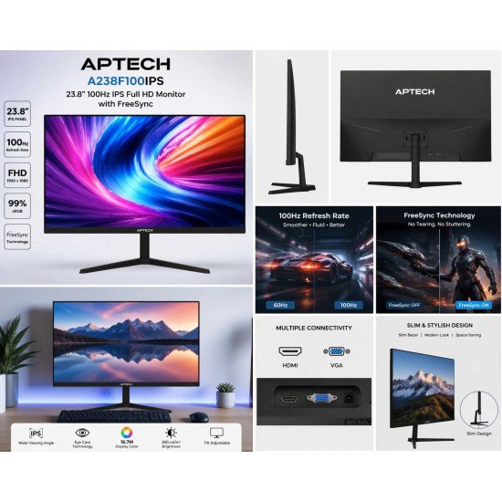 Aptech A238F100IPS 23.8 Inch 100Hz IPS Full HD Monitor with FreeSync